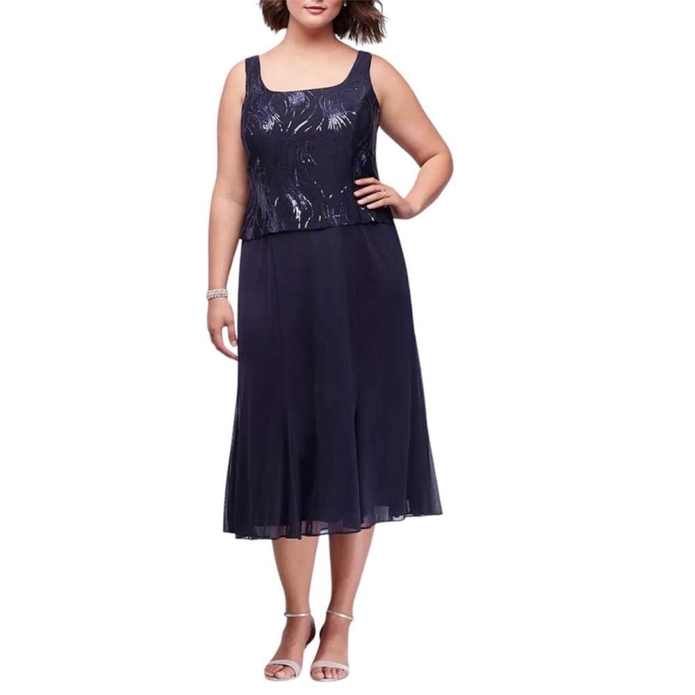 Alex Evenings Blue Sequin Bursts Dress Sleeveless Chiffon Cocktail Size 8